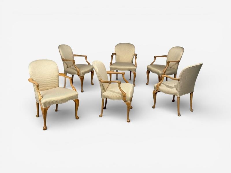 Queen Anne Style, Six Dining Chairs, Light Wood, Fabric, USA, 1940s - 5