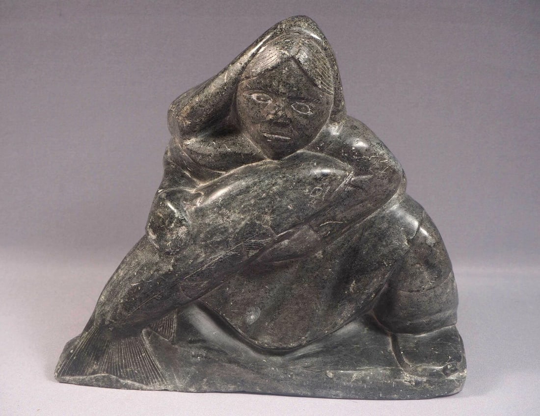 HEAVY 20 lb Inuit Canada Native Woman with fish Carving Stone Eskimo Art Sticker (1 of 8)
