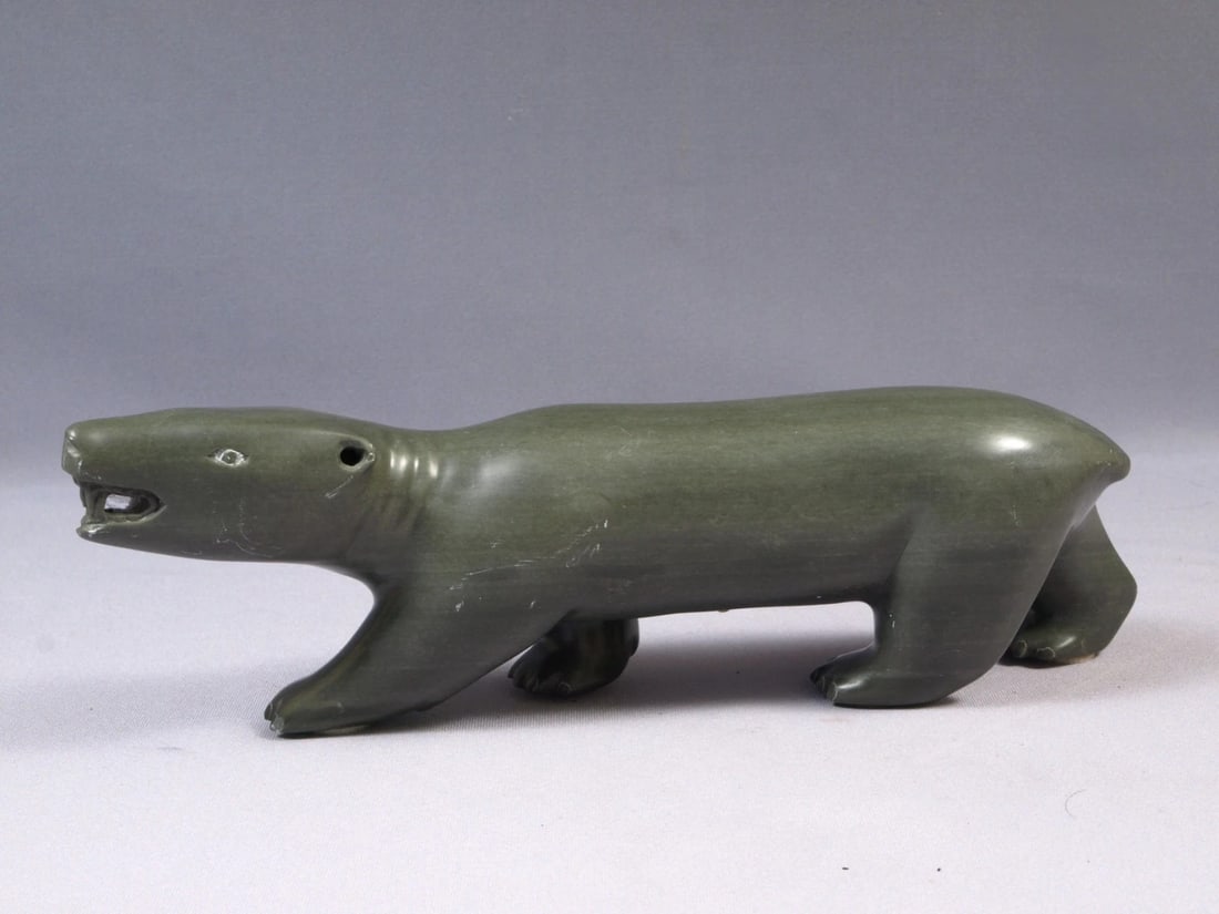 Native Americab Inuit Canada Bear Carving Soapstone Signed Large - 3
