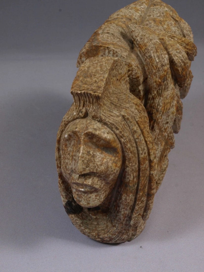 WAYNE SKY Native American Stone Carving Canada Iroquois Cayuga Two Heads: This is a vintage Primitive Native American Iroquois FigurineIt shows two interwind heads of the native men with nature elements on the side. It is very large and unusual carving. The figurine is made