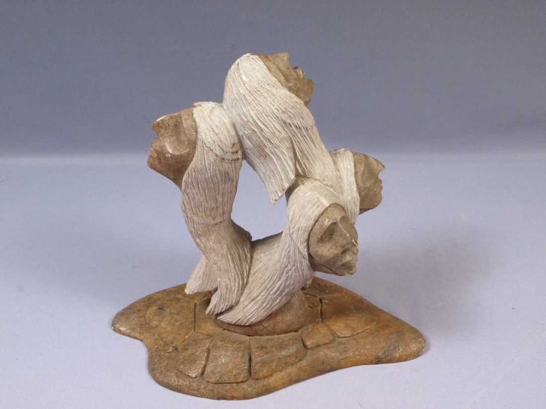 Native American Stone Carving Canada Iroquois Cayuga Nation WAYNE SKY Native: This is a vintage Primitive Native American Iroquois FigurineIt shows a figure of four connected heads. It is an unusual carving. The figurine is made and signed by Wayne Sky. Wayne Sky was a Canadian