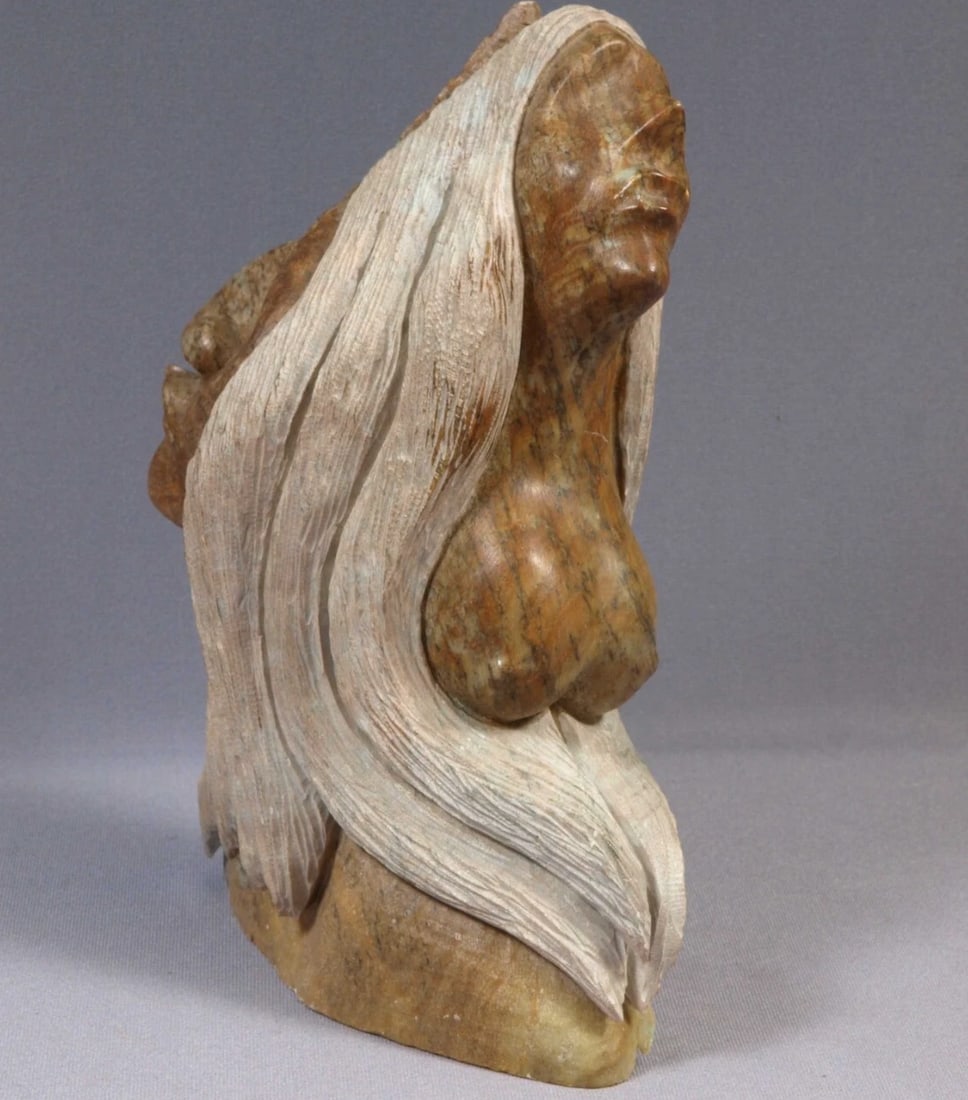 Native American Stone Carving Canada Iroquois Cayuga Nation Maiden WAYNE SKY: This is a vintage Primitive Native American Iroquois FigurineIt shows a love story about a Native maiden and an owl man. Her father didn't like him and turned him into an owl. It is large and unusual 