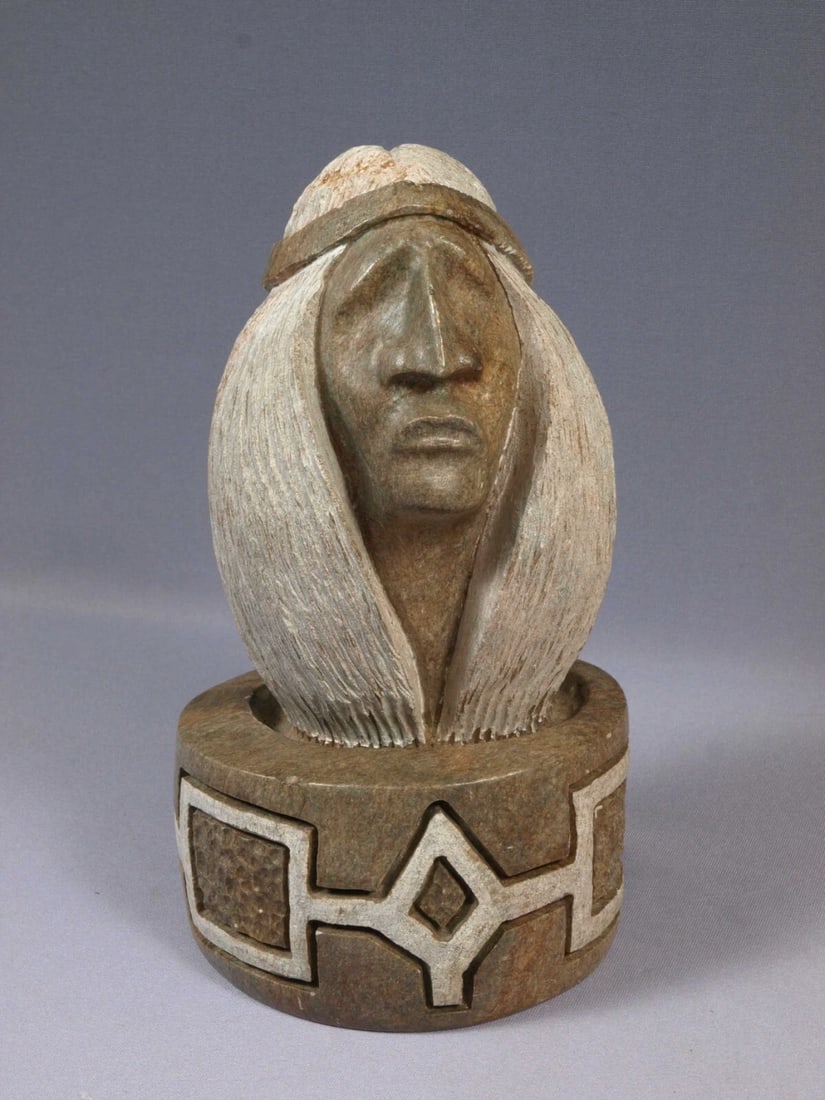 Native American Stone Carving Canada Iroquois Cayuga Nation LARGE Man WAYNE SKY: This is a vintage Primitive Native American Iroquois FigurineIt shows a very detailed head of the native man It is very large and unusual carving. The figurine is made and signed by Wayne Sky. Wayne S