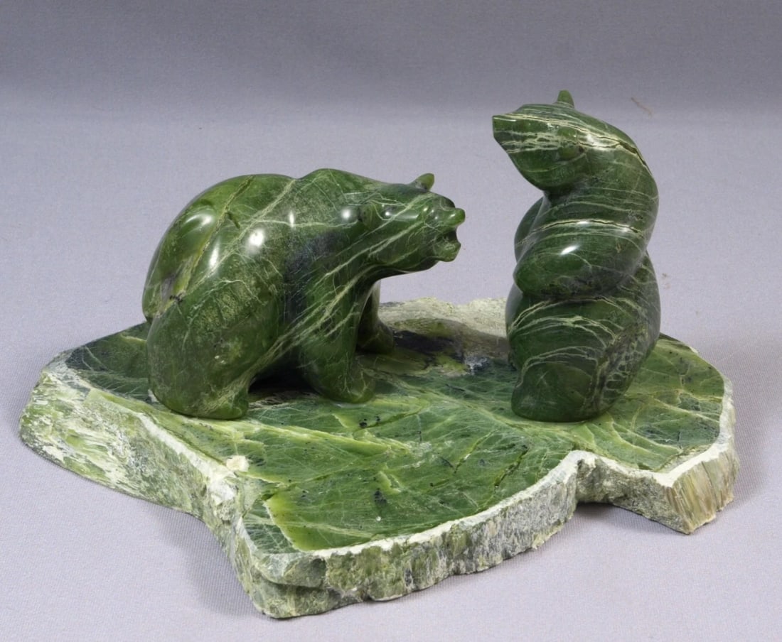 Vintage Green Granite Carving Peter Ellero Sudbury Native Canada Bears Stone: This is a vintage carving of bears. The carving is made from green stone - granite or marble. The figurine is made by Peter Ellero. He is Canadian carver that use local stone from the quarry close to