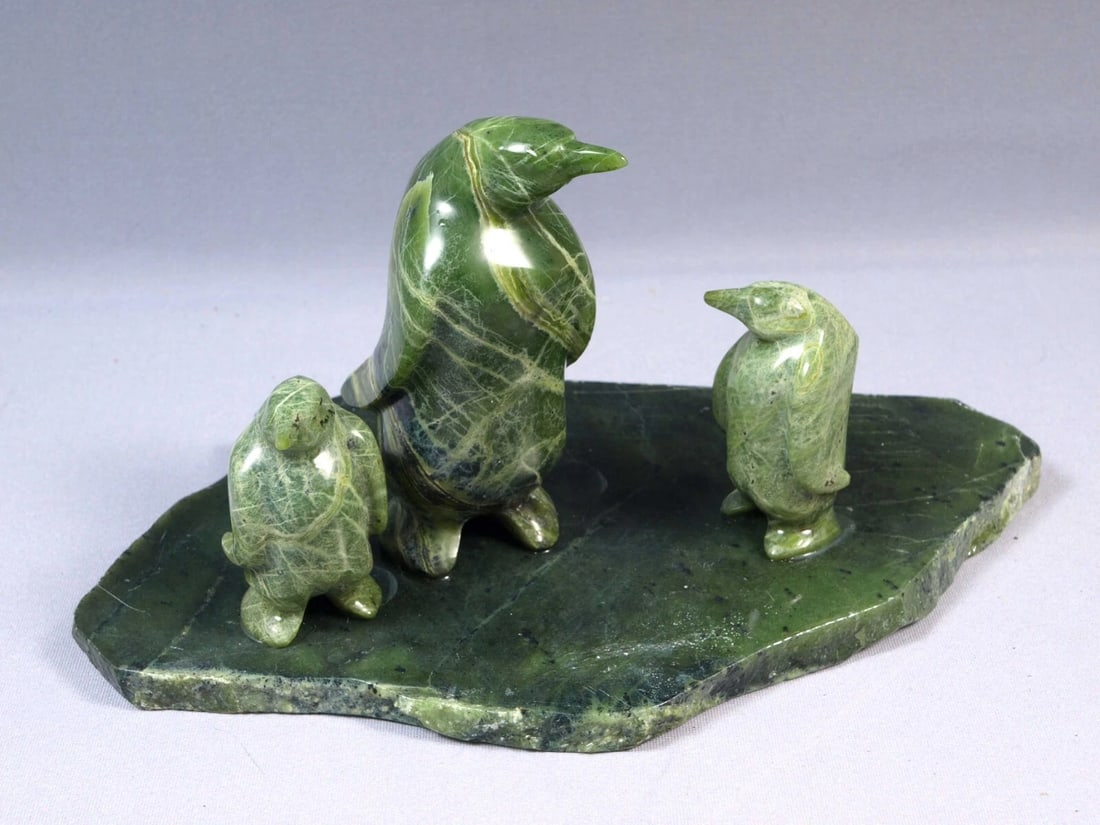 Vintage Green Granite Carving Peter Ellero Sudbury Native Canada Penguins Stone: This is a vintage carving of penguins. The carving is made from green stone - granite or marble. The figurine is made by Peter Ellero. He is Canadian carver that use local stone from the quarry close