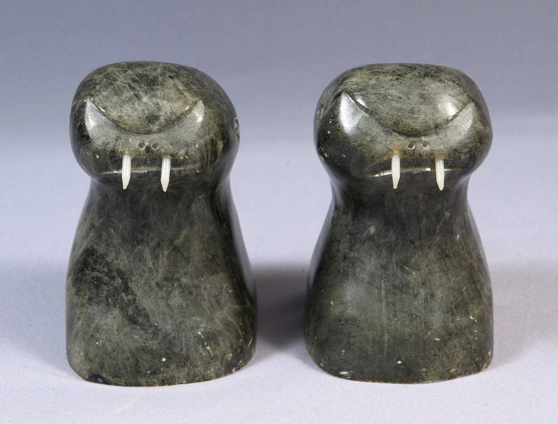 Canada Carving 2 Walrus Head Soapstone Large Bookends SIGNED Native - 2