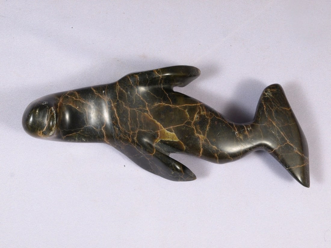 Inuit Canada Carving Native Seal Soapstone SIGNED 10" Large - 3