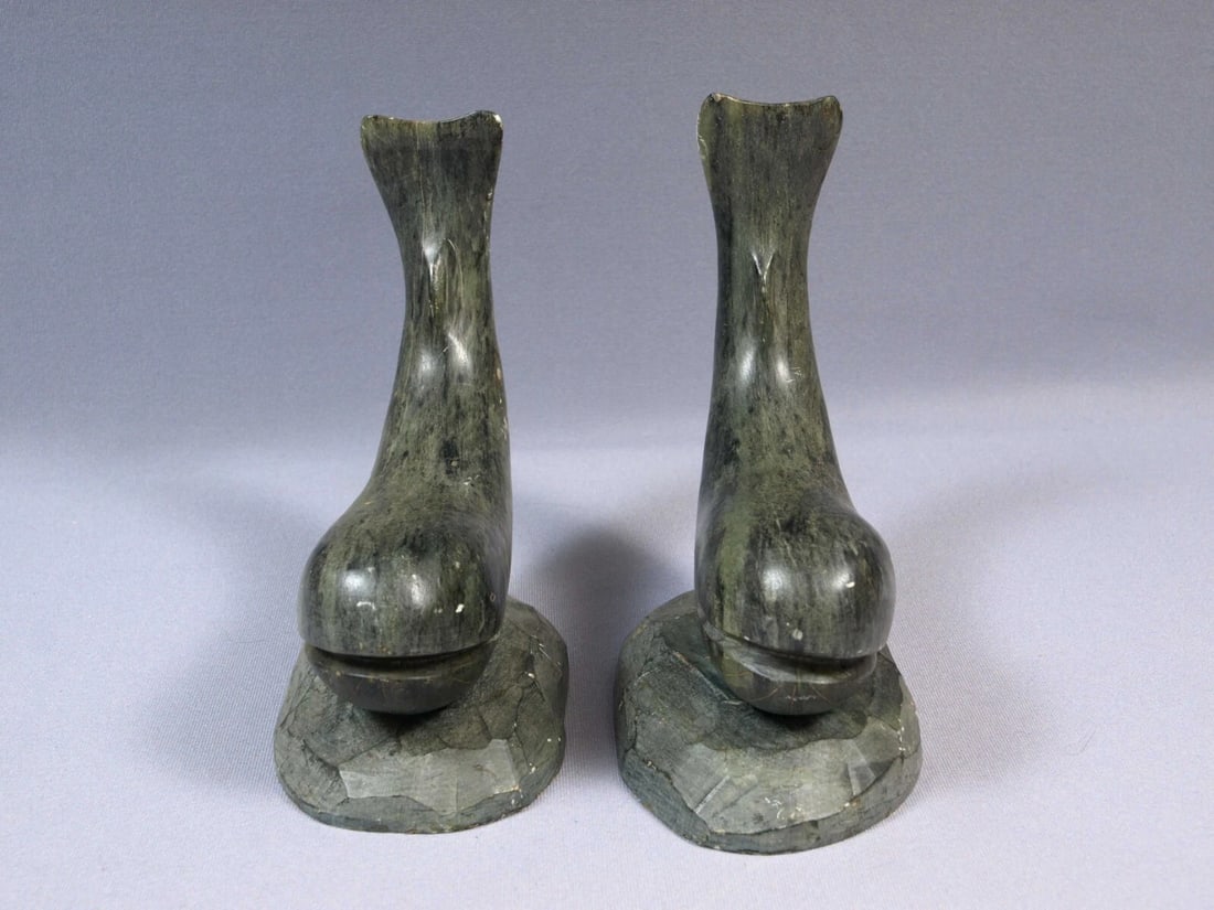 Canada Carving 2 Whales Soapstone Large DIMU Bookends SIGNED Native - 2