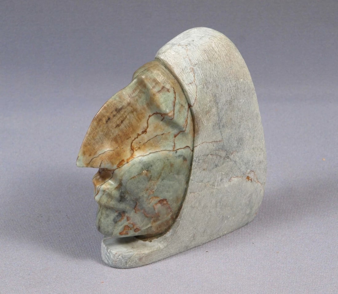 Native American Stone Carving Canada Iroquois Cayuga Nation Man Leaf WAYNE SKY: This is a vintage Primitive Native American Iroquois FigurineIt shows a very detailed head of the native man with a leaf on the side. It is very unusual carving. The figurine is made and signed by Way
