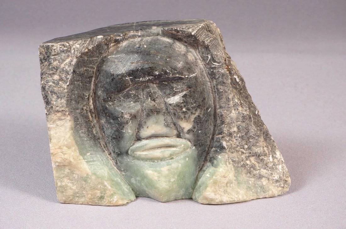 Native American Stone Carving Faces SIGNED Canada Green Gray - 2