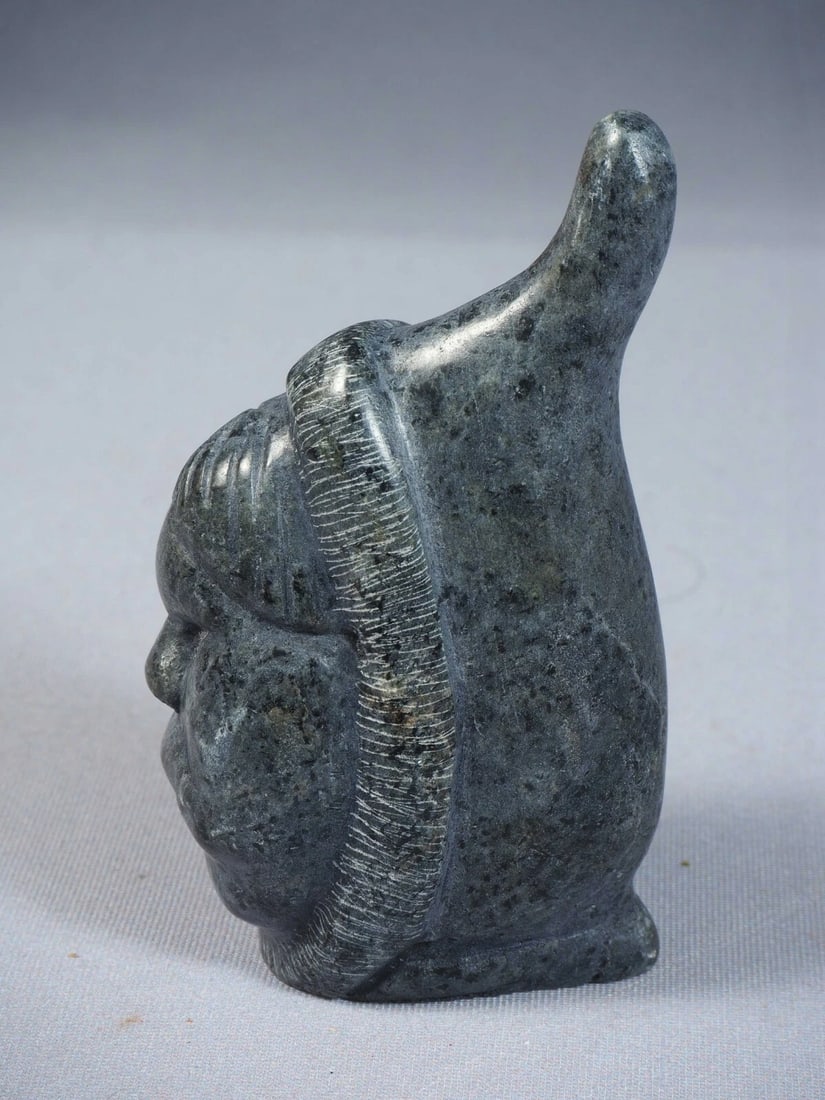 Inuit Native American Soapstone Carving Face SIGNED Canada - 3