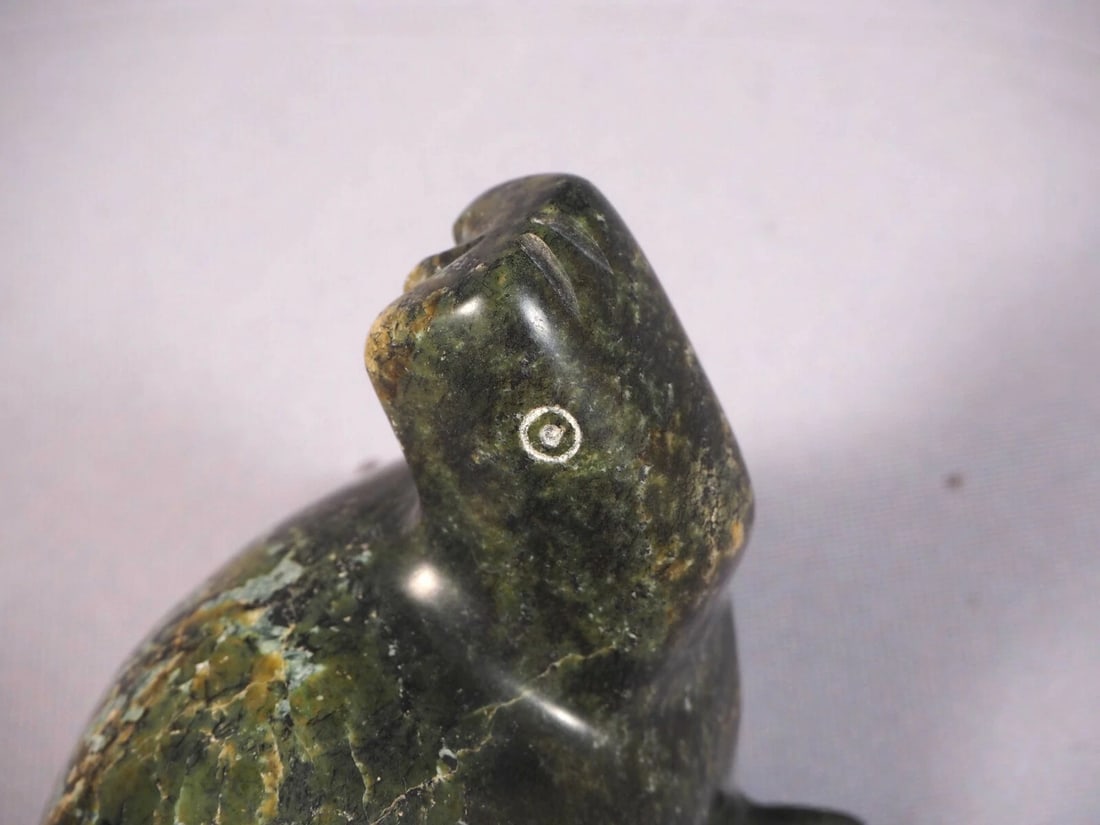 Soapstone Inuit Native Canada Figurine Playing Seal Unusual Green: This is a vintage, Primitive Native American Canadian Inuit Figurine. The figurine is made from greenish soapstone and is very beautiful. The carving is app. 3 1/2" long and 2 5/8" tallIt is in good
