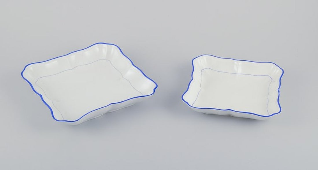 Meissen, Germany. Two square bowls of white porcelain, blue rim. Early 20th century. (1 of 9)