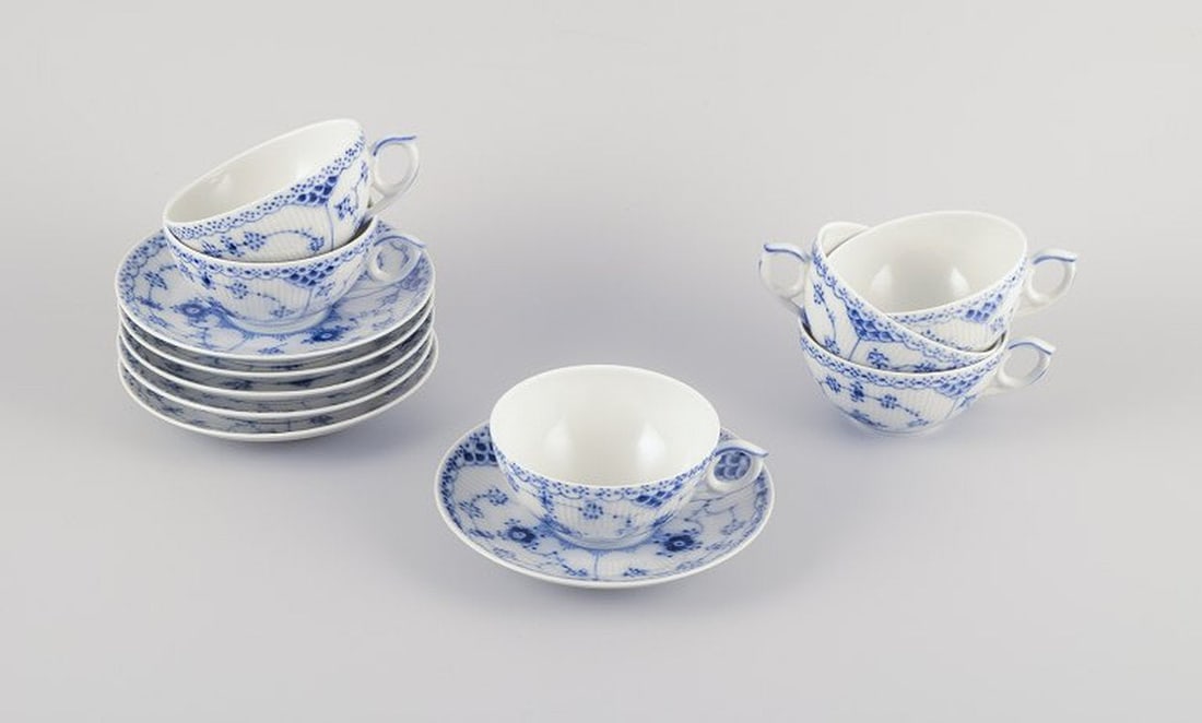 Royal Copenhagen Blue Fluted Half Lace. A set of six porcelain teacups with saucers. 1975-1979. (1 of 9)