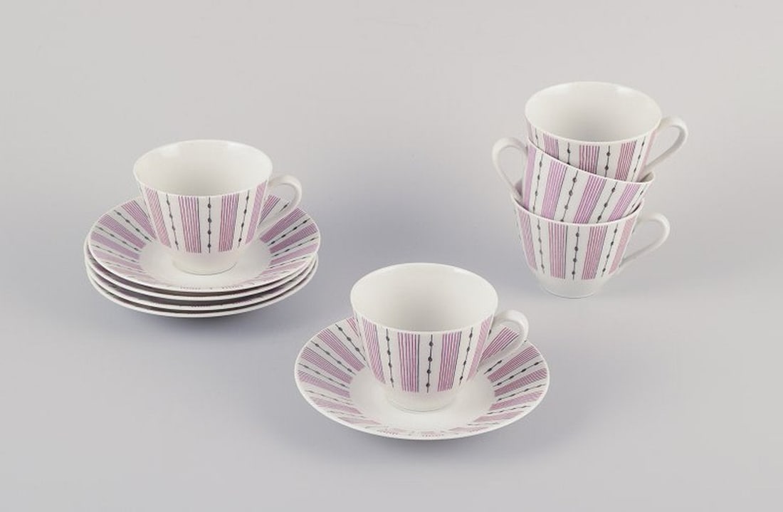 Gunnar Nylund for Rörstrand, Sweden. A set of five 'Casino' porcelain coffee cups with saucers. (1 of 9)