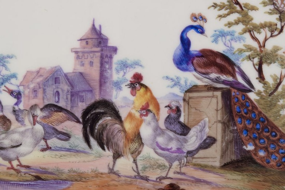 Meissen, Germany. Antique porcelain tray. Hand-painted with a motif of birds in a park landscape. - 7