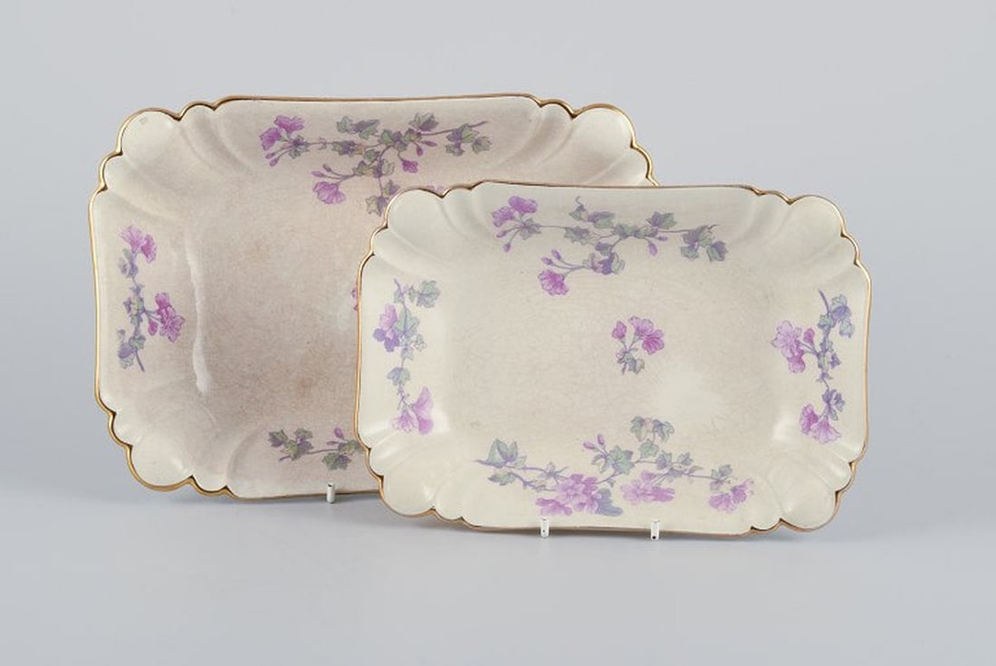 Gustafsberg, Sweden. Two oblong and deep 'Geranium' faience dishes. 1918. (1 of 8)
