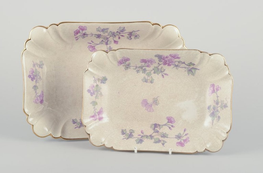 Gustafsberg, Sweden. Two oblong and deep 'Geranium' faience dishes. 1918. (1 of 9)