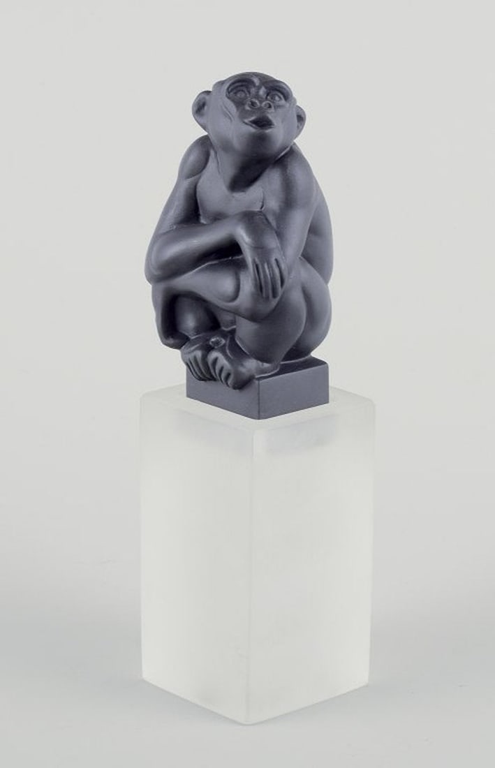 Pia Langelund for Royal Copenhagen. Chimpanzee figure in bisquit mounted on a frosted glass base. (1 of 8)