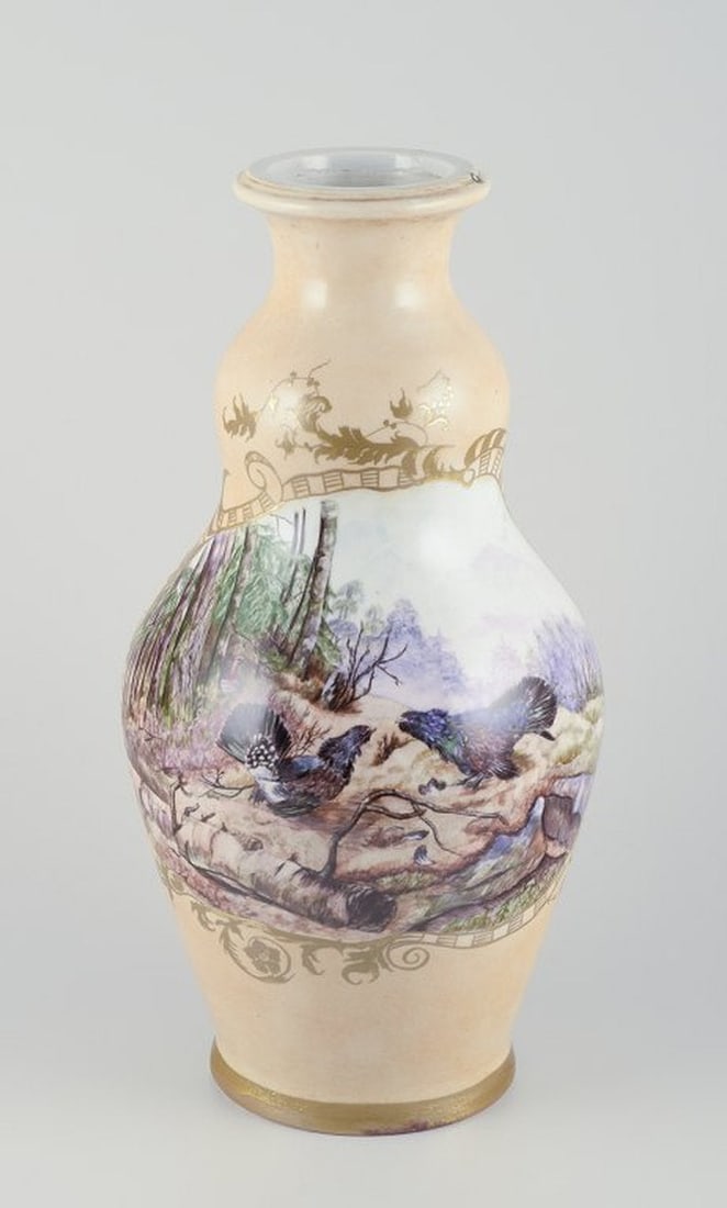 Royal Copenhagen. Colossal unique porcelain vase. Motif of two wood grouses. 1913. (1 of 10)