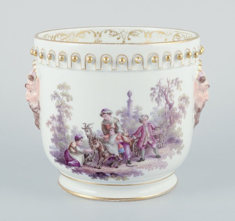 Antique Meissen flowerpot in porcelain. Motif of faun. Face in relief. 19c. (1 of 9)