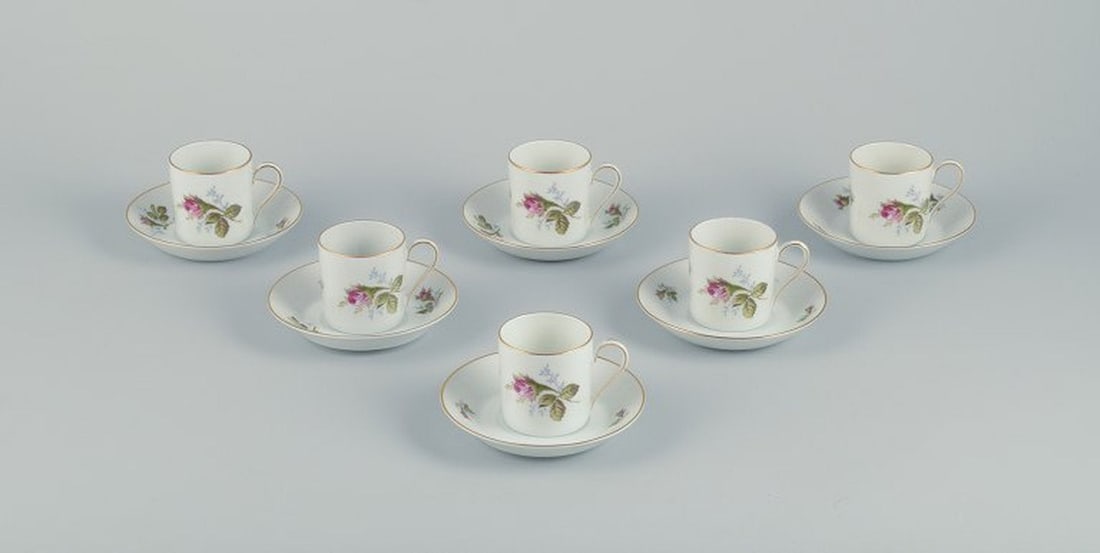 Rosenthal, Germany. A set of six espresso cups with saucers. Decorated with pink roses. Gold trim. (1 of 8)