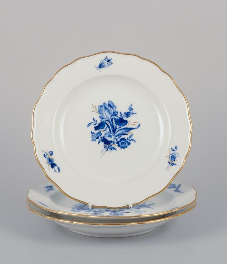 Meissen, Germany. Three hand-painted porcelain plates with blue flowers and insects, gold rim. Early (1 of 8)