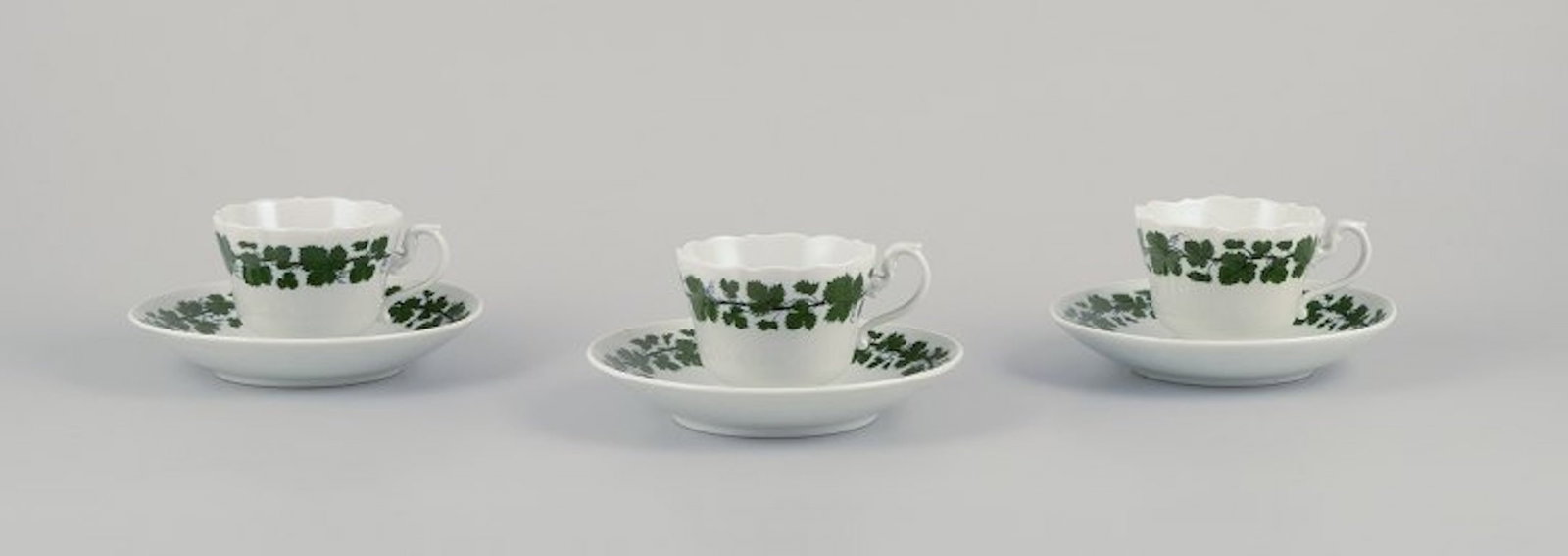 Meissen, Germany. 'Green Ivy Vine' three coffee cups with saucers. 1920s/30s. (1 of 9)
