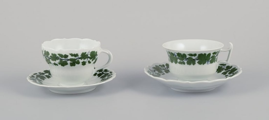 Meissen, Germany. 'Green Ivy Vine' two large breakfast cups with saucers. 1920s/30s. (1 of 10)