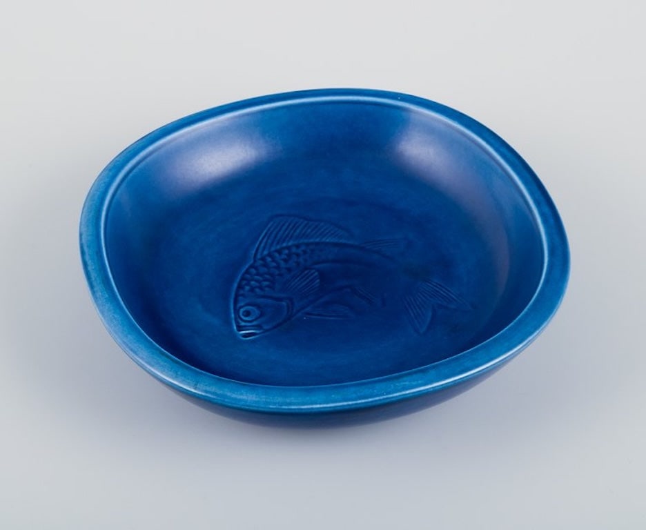 Nils Thorsson for Aluminia, Denmark. Faience bowl with blue glazed finish. Featuring a fish motif. - 2