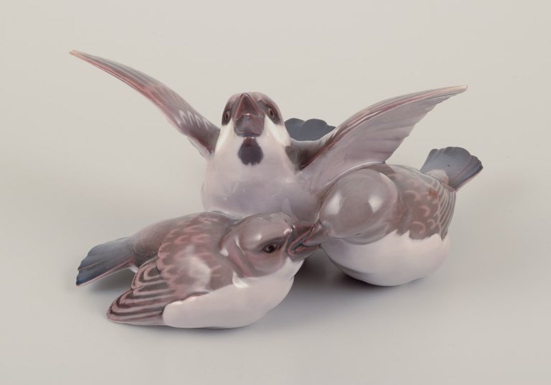 Bing & Grøndahl, Denmark. Two porcelain figurines consisting of a group of three sparrows and - 5