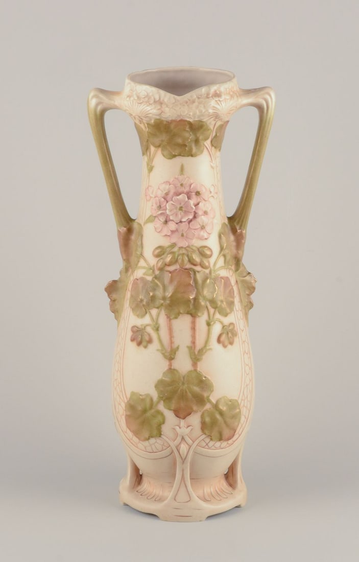 Royal Dux, Czech Republic. Colossal Art Nouveau vase in porcelain with floral relief. Approx. 1920s. - 3