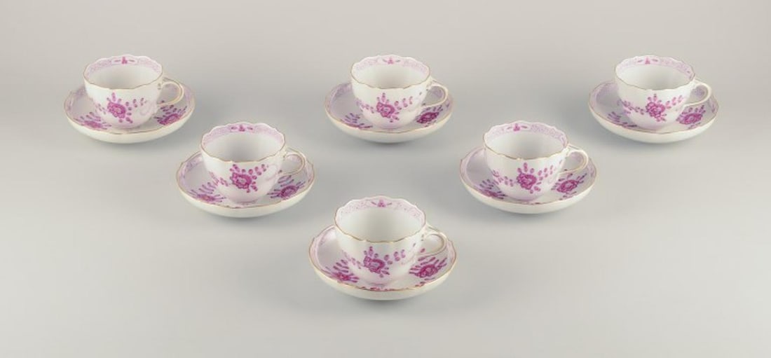 Meissen, Germany. Set of six pairs of "Pink Indian" porcelain coffee cups and saucers. Mid-20th C. (1 of 8)