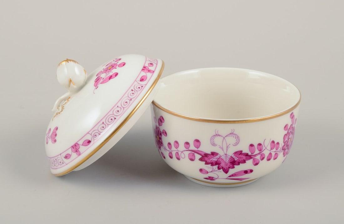 Meissen, Germany. "Pink Indian" porcelain creamer and sugar bowl with purple floral motifs, gold - 7