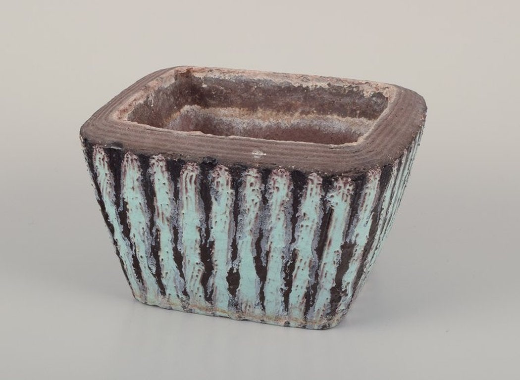 Hjördis Oldfors for Upsala Ekeby, Sweden. Rare flower pot cover. Modernist design with stripes.: Hjördis Oldfors for Upsala Ekeby. Rare flower pot cover. Modernist design with stripes. Turquoise and purple glaze. Ca. 1960. Marked. In perfect condition. Two drilled holes in the bottom. Dimens