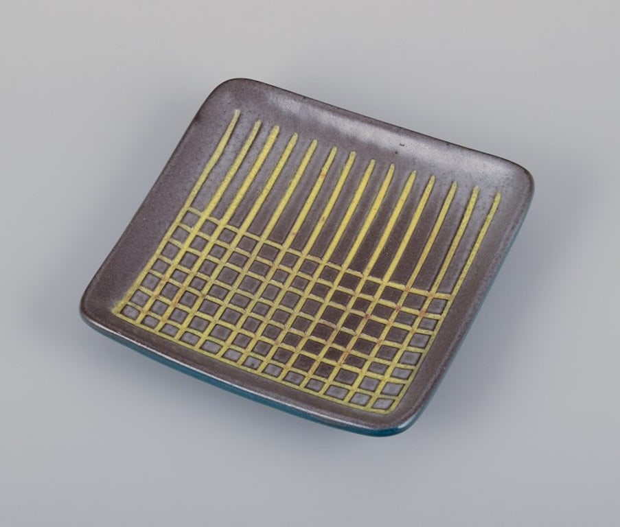 Hjördis Oldfors for Upsala-Ekeby, Sweden. Ceramic tray with glaze in yellow, brown, and blue - 3