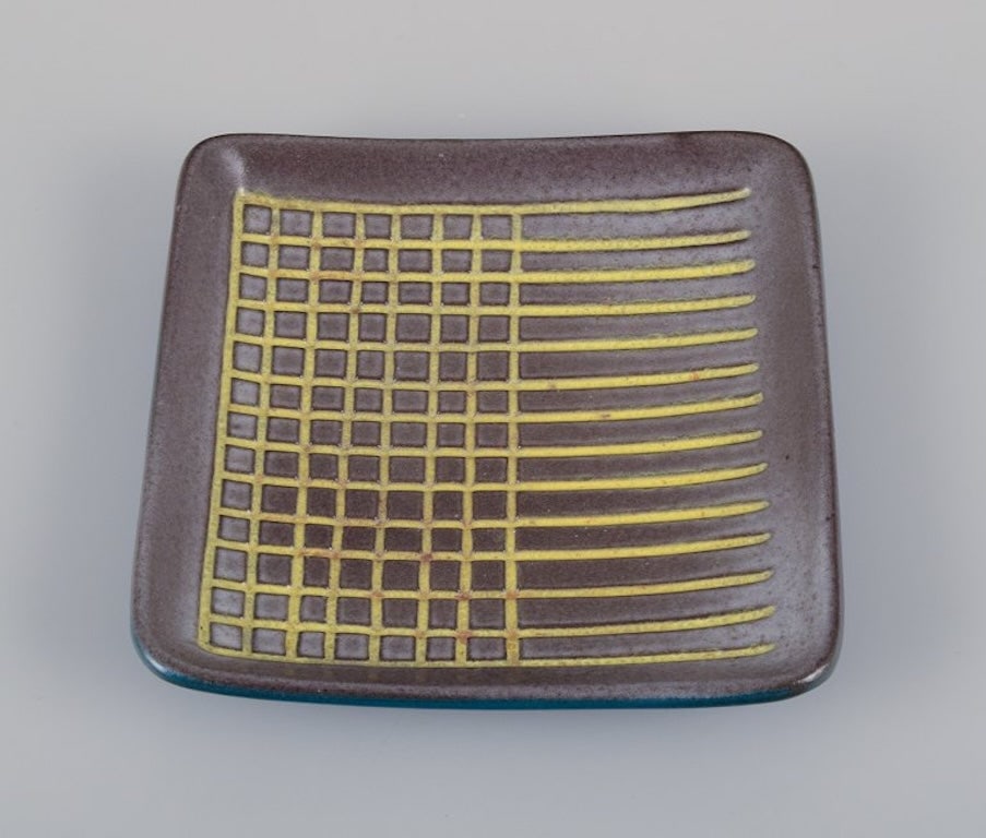 Hjördis Oldfors for Upsala-Ekeby, Sweden. Ceramic tray with glaze in yellow, brown, and blue - 4
