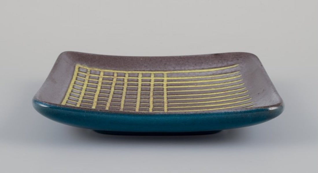 Hjördis Oldfors for Upsala-Ekeby, Sweden. Ceramic tray with glaze in yellow, brown, and blue - 5