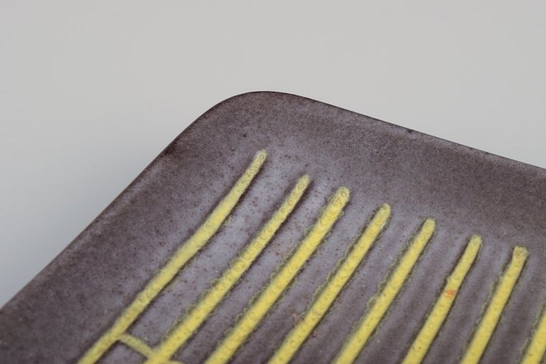 Hjördis Oldfors for Upsala-Ekeby, Sweden. Ceramic tray with glaze in yellow, brown, and blue - 6
