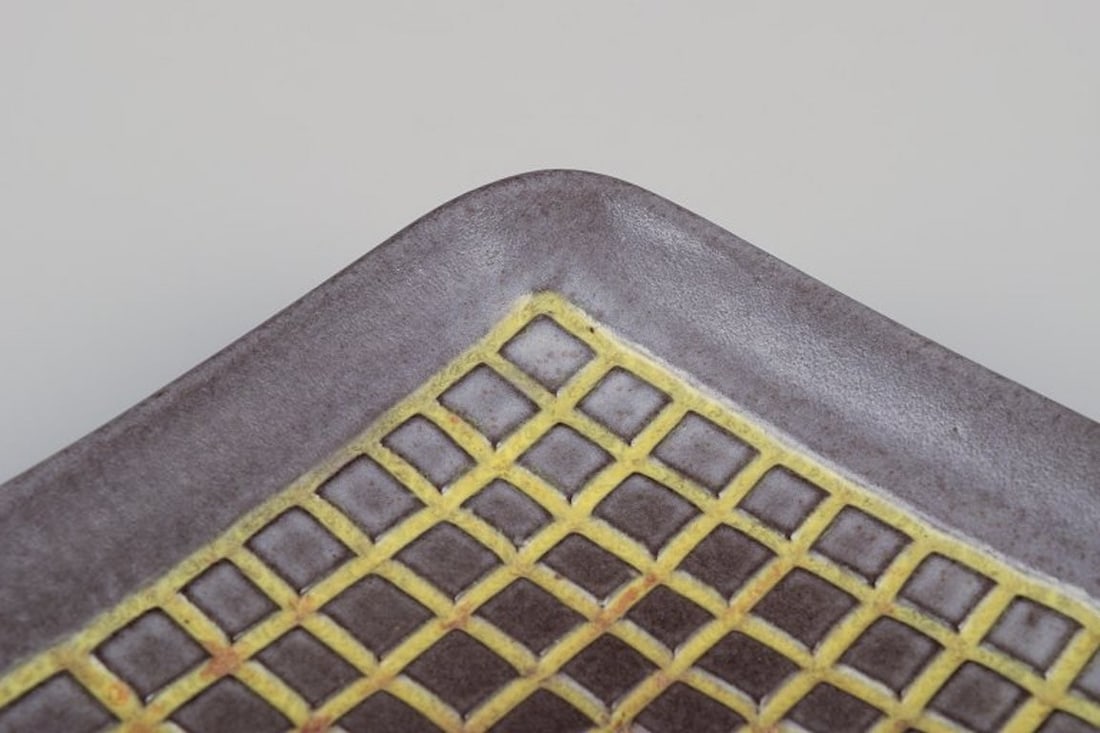 Hjördis Oldfors for Upsala-Ekeby, Sweden. Ceramic tray with glaze in yellow, brown, and blue - 7