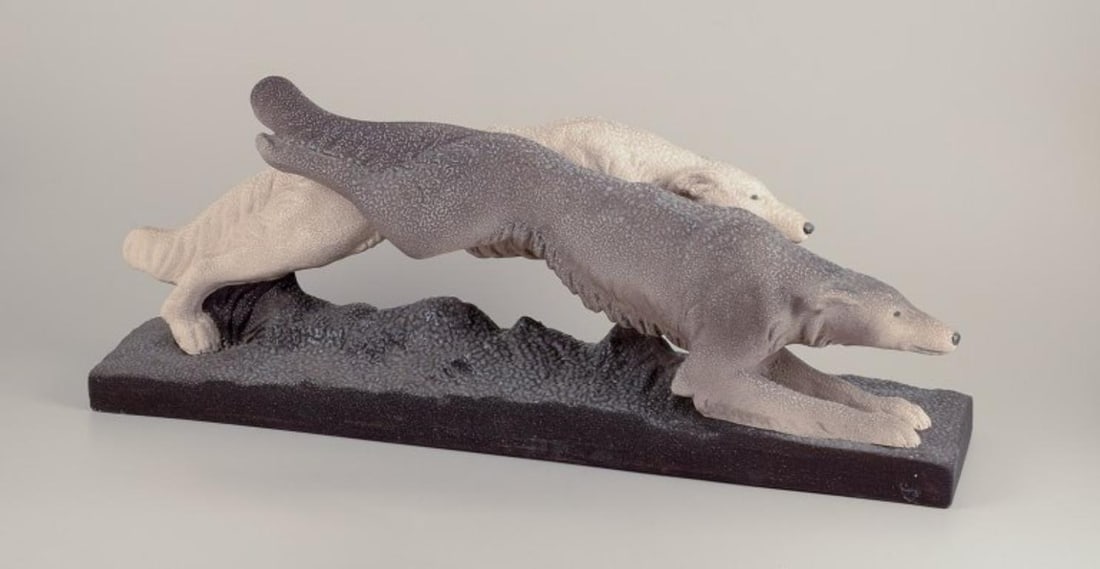 Sevres Vinsare, France. Colossal ceramic sculpture of two running greyhounds. Approx. 1930 (1 of 8)