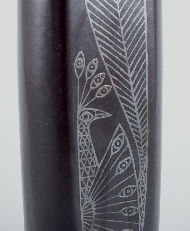Sven Johnson for Gustavsberg.“Facett” ceramic vase. Motif of peacock and flowers. - 7