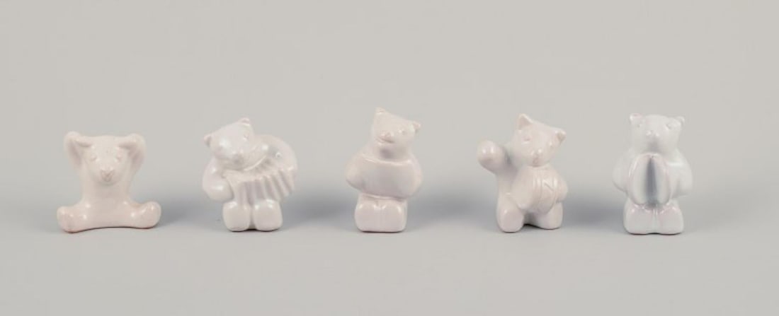 Hjorth, Bornholm. Five bear musicians in white glazed stoneware. Mid-20th C. (1 of 8)