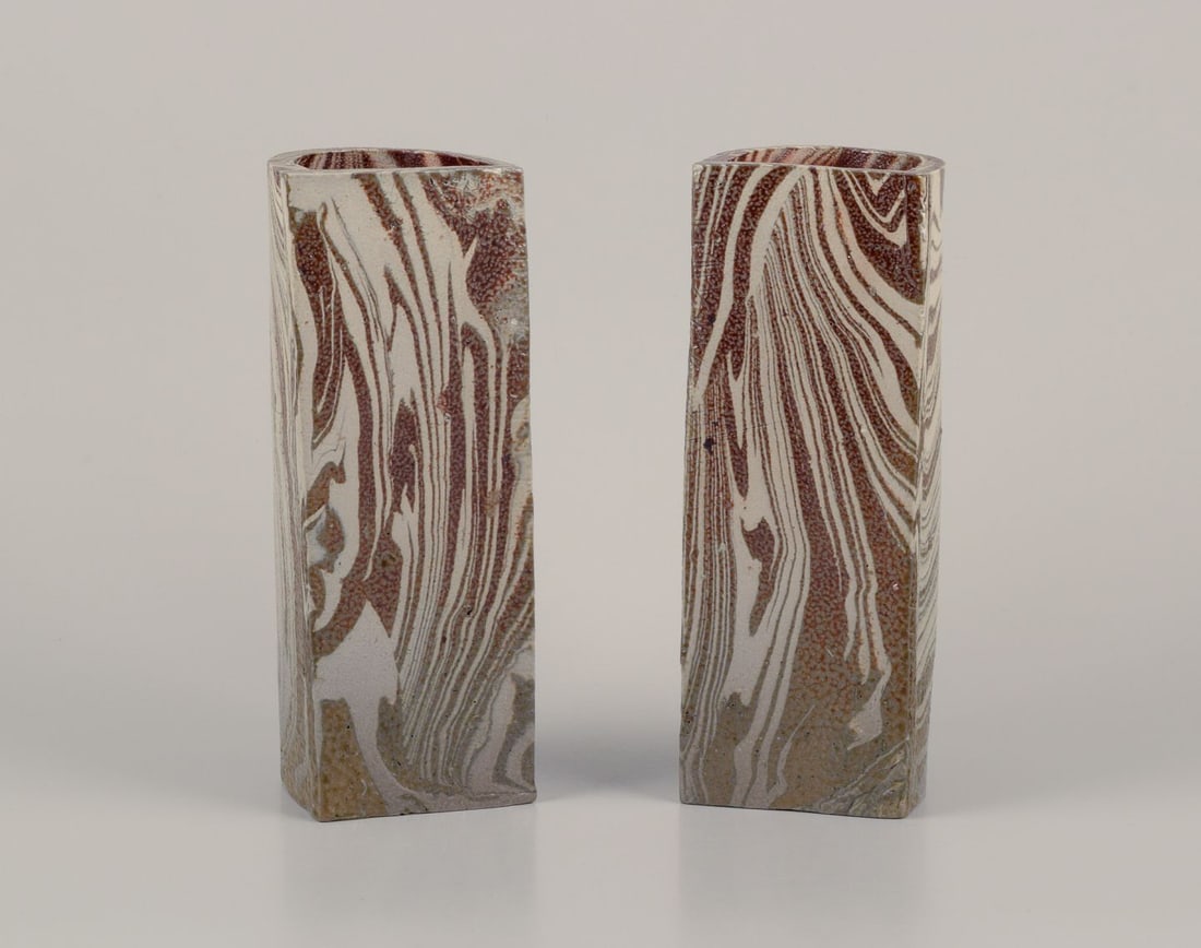 European Studio Ceramicist. A pair of unique ceramic vases. Glazed in blue-green and sand-colored - 7