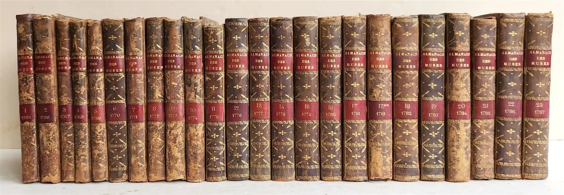 1765-1787 ALMANACH DES MUSES 24 VOLUMES antique POETRY LITERATURE DECORATIVE: ALMANACH DES MUSES 24 volumes Paris; 1765-1787 Poetry and literature Size 3.5 by 6" Original bindings (not uniformed, but 3 different kinds) , spines with title labels Good condition Text in French