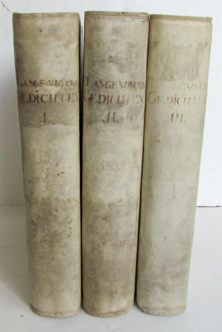 1751 3 VOLUMES VELLUM BOUND in DUTCH P. LANGENDIJK ANTIQUE w/ ENGRAVINGS: P. LANGENDIJK, De gedichten 3 volumes Haarlem, 1751 3 plates (2 of them are folding), original uniformed blindstamped vellum Haarlem, 1751 Size 7 by 8 1/3" Pieter Langendijk (1683 – 1756) was a