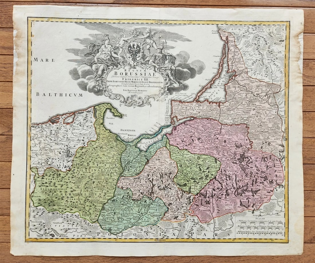 1716 GERMANY PRUSSIA POLAND LITHUANIA antique MAP by HOMANN-BORUSSIA: Regnum Borussiae Gloriosi auspicys Serenissimi e Potentissimi Princip. Friderici III. Primi Borussiae Regis March et Elect Brandenburg inauguratum die 18 Jan. A. 1701. Geographice cum vicinis Regionib