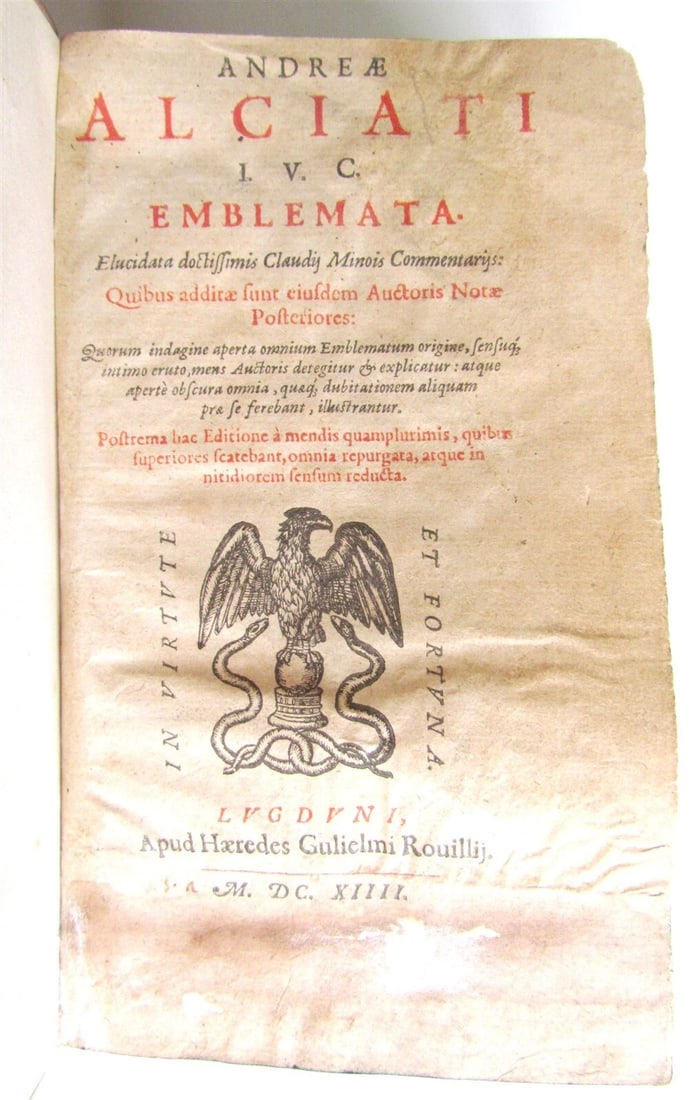 1614 ILLUSTRATED EMBLEMATA BOOK by Andrew ALCIATI VELLUM SPINE antique: ALCIATI, Andrew Emblemata Lyon: heirs of Guillaume Rouille, 1614 FULLY ILLUSTRATED 8vo: 4 3/4 by 7" (175x105mm). Title page in red and black with printer's brand, initials, headers, tailpieces and