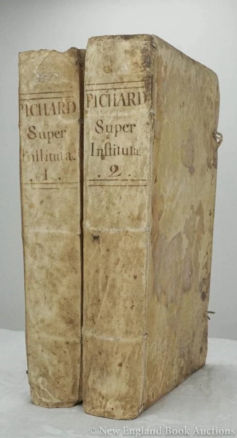 1671 LAW BOOKS 2 FOLIO VOLUMES Institutionum Imperatoris antique VELLUM BOUND: Commentaria in IV. Institutionum Imperatoris. by Pichardo Vinuesa, Antonius. 2 volumes bound with: Practicae Instututiones. Together 3 volumes bound in 2. Lugduni: Germanum Nanty & Joannem Balam; 1671