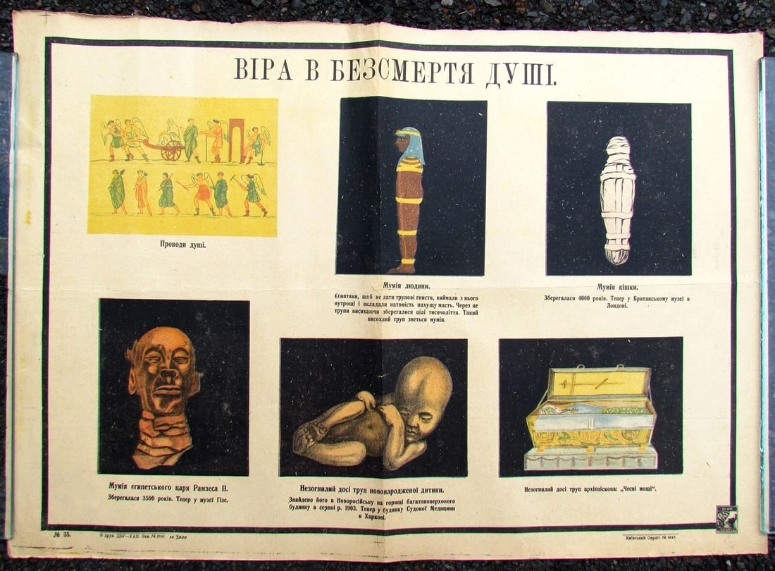 UKRAINIAN 1930s ANTI-RELIGIOUS EDUCATIONAL POSTER: Good condition, fold in the middle. Size 19.5 by 28" Reserve: $98.00 Shipping: Domestic: Flat-rate of $25.00 to anywhere within the contiguous U.S. International: Foreign shipping rates are